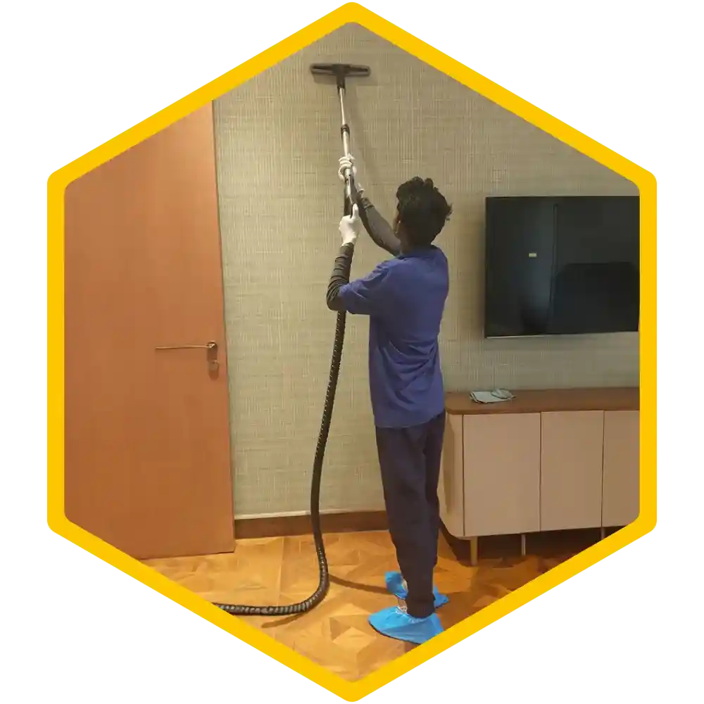 Professional cleaner performing thorough home or office cleaning.